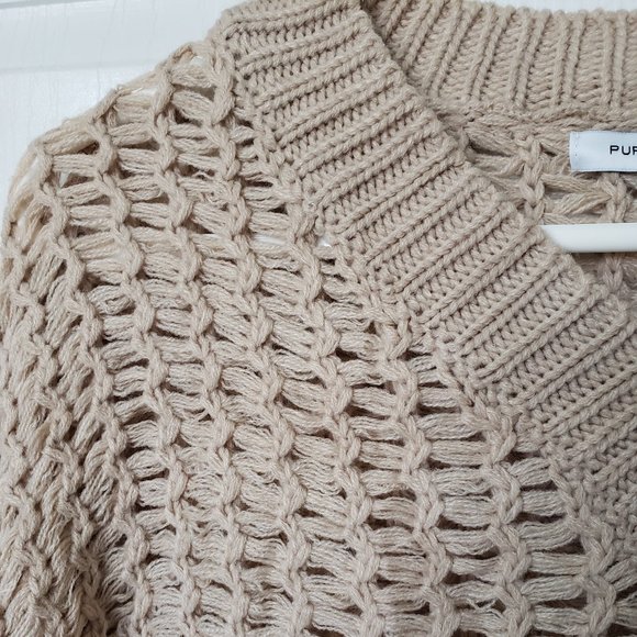 Purple Snow M Open Weave Knit Sweater Long Sleeve V Neck Beige - Picture 5 of 7